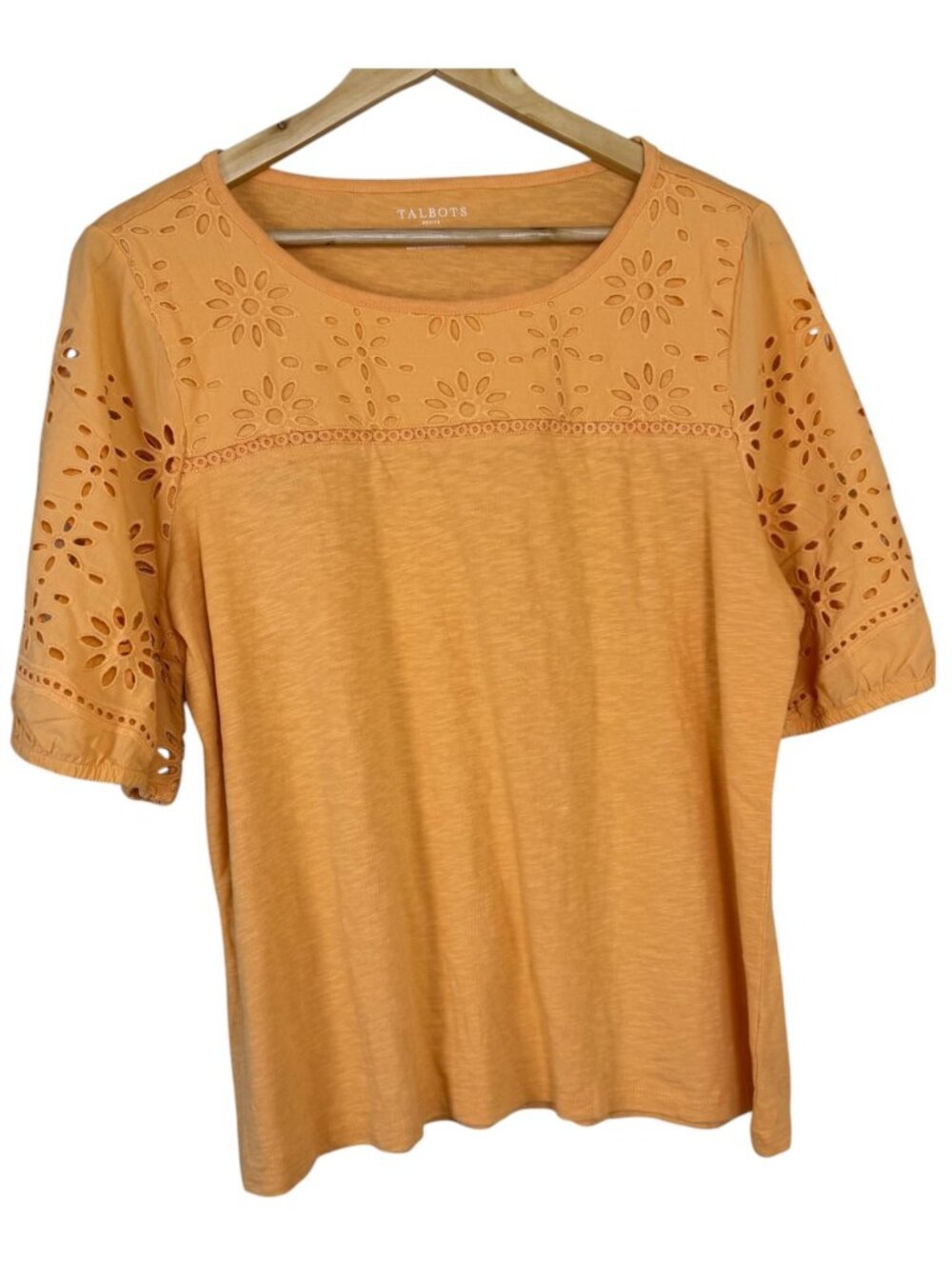 Talbots NEW Orange TShirt Eyelet Lace Sleeves XLP 100% Cotton Cottagecore Casual